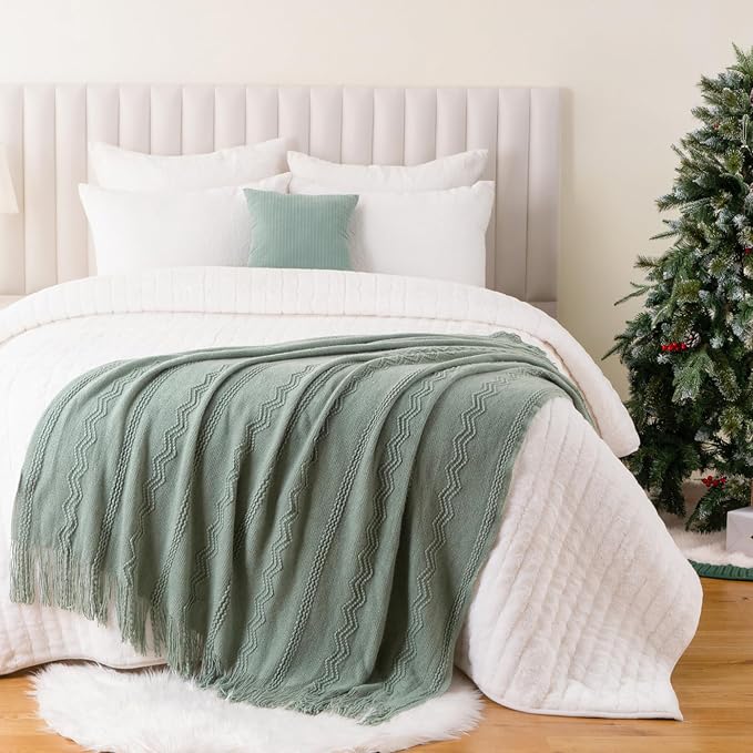 BATTILO HOME Sage Green Throw Blanket for Couch, 50"x60" | Sage Green Decor, Knit Throw Blankets For Bed, Spring Green Throw Blanket
