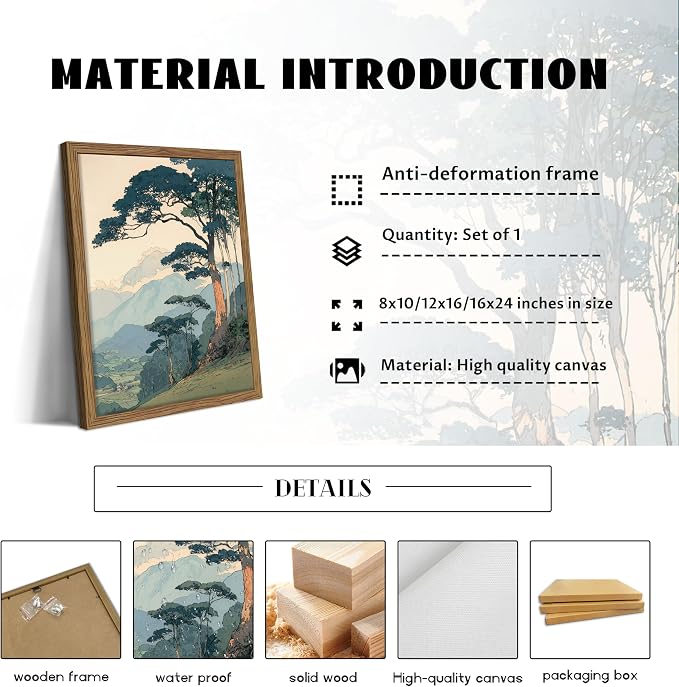 Vintage Japanese Forest Framed Canvas Wall Art – Tranquil Mountain Landscape Painting Print, Retro Nature Tree Scene Decor for Living Room Bedroom Nursery Office Home 16x24 inch