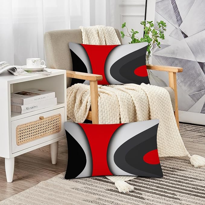 Modern Art Geometric Pillow Cover, Decorative Throw Pillow Covers Black Red Abstract Artwork Cushion Cover for Bedroom Sofa Living Room 12 x 20 Inch Set of 2