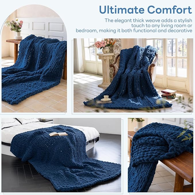 Chunky Knit Blanket - Luxury Soft Cozy 50 * 60 Throw Blanket,100% Woven Blanket Rope Knot Throw Blanket for Couch, Sofa, Home Decor, Gift - Machine Washable (Deep Blue, 50 * 60)
