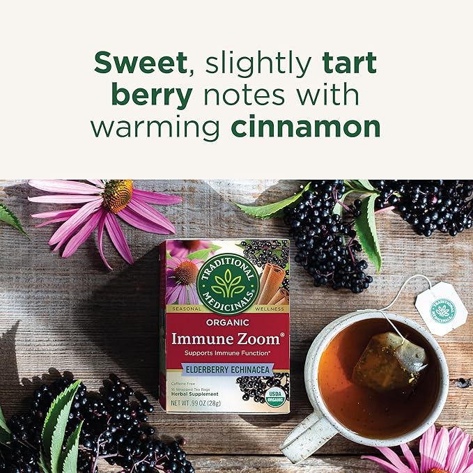 Traditional Medicinals Tea, Organic Immune Zoom Elderberry Echinacea, Supports Immune Function, 16 Tea Bags (Pack of 2)