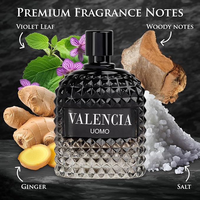 Valencia UOMO for Men Eau De Parfum - Woody Aromatic Fragrance - Floral Twist Blended with a Cool Facet of Mineral Notes & Salt - Edgy yet Masculine Scent - Cologne or Everyday Use - 100ml Bottle