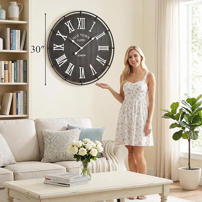 EMAX HOME Inch Large Black Wall Clock, Rustic Distressed Wooden Dial with 3D White Roman Numerals, Silent Sweep Movement, High Contrast Farmhouse Decor for Bedroom, Kitchen, or Dining Room.