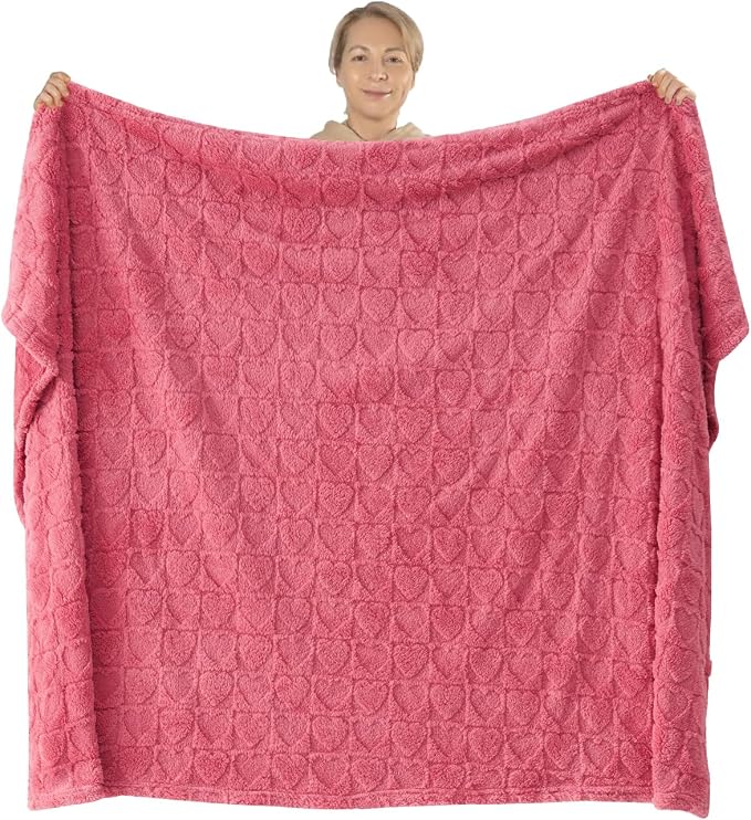 NEWCOSPLAY 3D Heart Checkered Flannel Throw Blanket, Coral Pink, 50"x70" | Super Soft Cute Lightweight Decorative Premium Silky Fleece Blanket for Couch Sofa Bed, Gift for Women Men, All Season Use