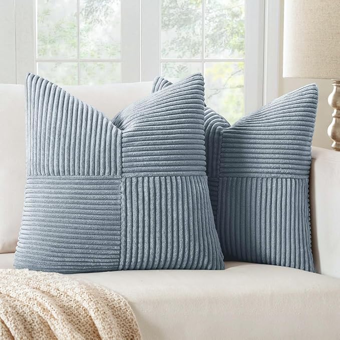 MIULEE Dusty Blue Decorative Throw Pillow Covers for Couch 18x18 Inch | 2 Pack, Boho Farmhouse Pillow Covers, Soft Cross Corduroy Patchwork Textured Cushion Cases For Bed Sofa