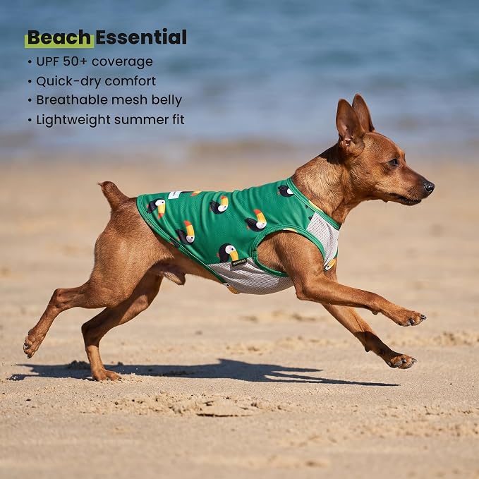 Fitwarm 2 Pack Toucan & Palm Tree UPF 50+ Sun UV Protection Dog Shirt, Lightweight Cooling Vest, Quick Dry Summer Clothes for Small Dogs Boy Girl, Pet Outfit, Green, Beige, XS