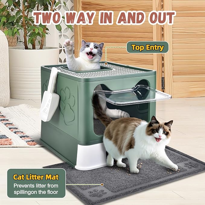 Covered Cat Litter Box, Extra Large Drawer Design with Dual Entry, Green | 13L litter capacity, adjustable door, leakproof structure, cleaning accessories, complimentary cat litter mat