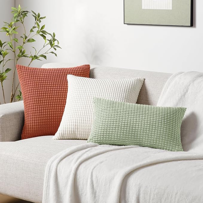 Softalker Corduroy Fall Throw Pillow Covers 20x20, Set of 2, Burnt Orange | Soft Boho Striped Pillow Cases, Couch Fluffy Cushion Covers for Farmhouse Home Decor Bed Living Room