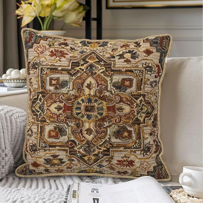 KSLIDS Boho Brown Soft Velvet Throw Pillow Covers Set of 2 Vintage Bohemian Rug Carpet Decorative Pillow Covers 20x20 Inch Antique Ethnic Pillow Case for Sofa Couch Living Room Home Decor