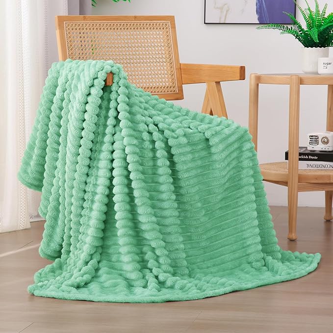 Mint Green Fleece Throw Blanket 60”×80” for Couch Sofa Livingroom | Super Soft Cozy Plush Microfiber Flannel Bed Blanket Striped Design Lightweight Home Decor Gifts for Adults Mom Women