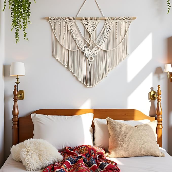 guzhiou Large Macrame Wall Hanging, Boho Woven Tapestry Decor Art, 43"x32" | Handmade bohemian woven tapestry for bedroom, living room, apartment. Perfect Boho style wall decor art for weddings, parties