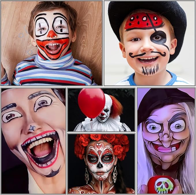 White Black Red Joker Clown Face Body Paint with Brushes for Halloween Makeup, Water Based Face Painting Kit Non Toxic for Kids & Adults, Facepaint Set for Skull Witch Goth Vampire SFX Cosplay Make Up