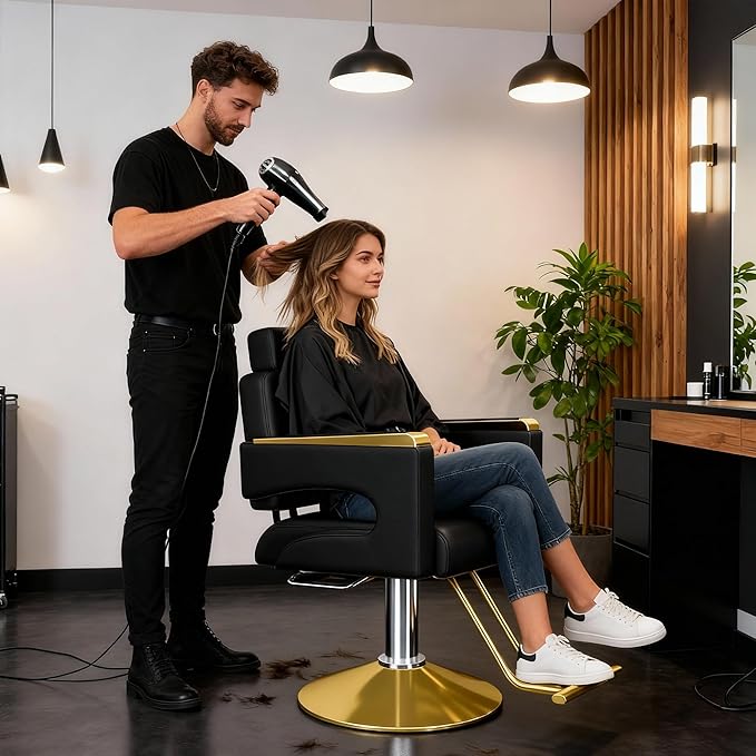 Professional Barber Salon Chair with Stainless Steel Armrests & Reclining Backrest, Hydraulic Pump Stylist Chair with 360° Swivel & Adjustable Height, Black+Gold