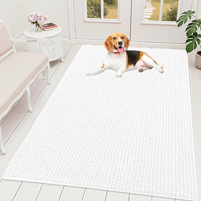 OLANLY Dog Door Mat for Muddy Paws 59x35, Extra Absorbent Chenille Mud Mat | White, Absorbs Moisture and Dirt, Non-Slip Machine Washable Doormat, Quick-Drying Indoor Entryway Floor Mat for Dogs