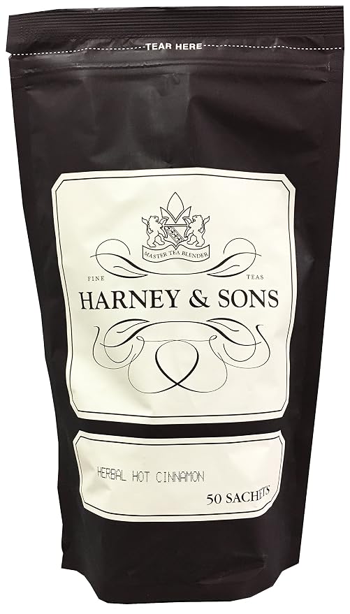 Harney and Sons Herbal Hot Cinnamon | 50 Sachets of Black Tea with Orange Peel, Clove, and Cinnamon