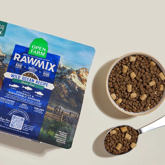 Open Farm RawMix Dry Cat Food, Wild Ocean Grain Free Kibble, 2.25lb Bag | Wild-Caught Whitefish, Salmon & Rockfish, Freeze Dried Raw Chunks, 100% Traceable Ingredients, Non-GMO Fruits & Veggies.