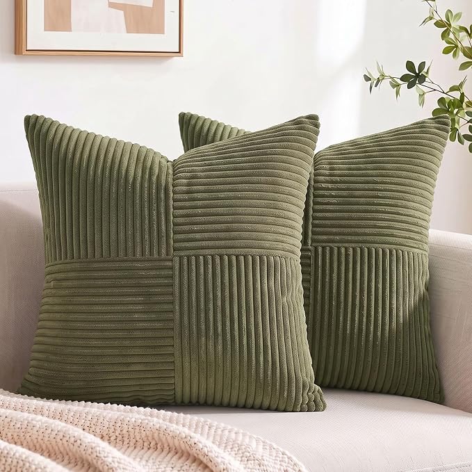 Fancy Homi 2 Packs Olive Green Big Decorative Throw Pillow Covers 24x24 Inch for Living Room Couch Bed, Rustic Farmhouse Boho Home Decor, Soft Corss Corduroy Patchwork Accent Cushion Case 60x60 cm