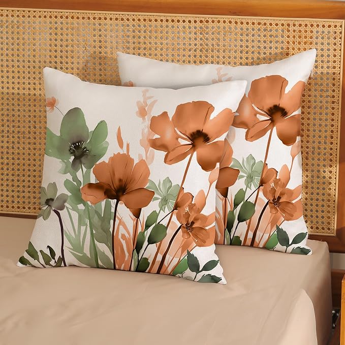 Spring Floral Pillow Covers 18x18 Inches Set of 2 Sage Green Orange Floral Throw Pillow Cover Outdoor Rustic Summer Flower Decoration Pillowcase Farmhouse Decorative Cushion Cover For Home Sofa