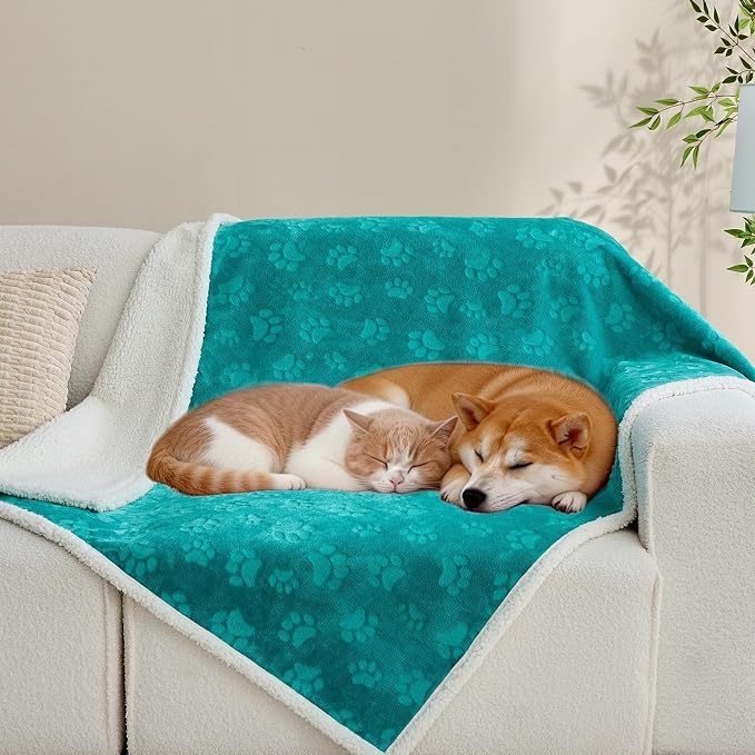 Pet Blankets for Cats - Waterproof Cat Blanket Washable - Sherpa Fleece Puppy Blanket, Soft Plush Reversible Throw Protector for Bed Couch Car Sofa, 30"X40", Teal