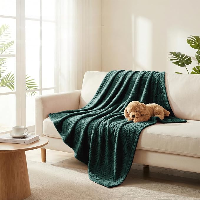 Exclusivo Mezcla Soft Fleece Blanket Twin Size for Bed, Sofa, Forest Green | 90"x66" Breathable Lightweight Flannel Blanket for Summer, Plush Cozy Jacquard Wave for Home Decor