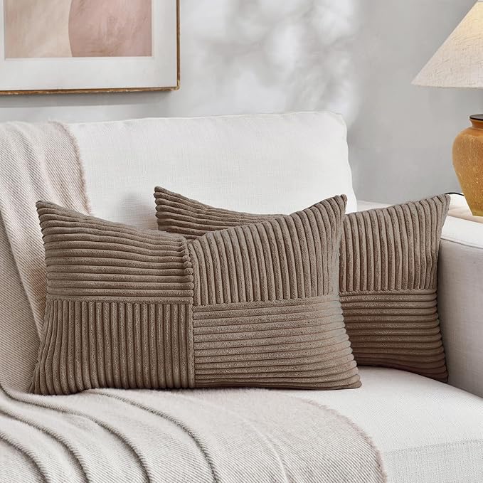 Fancy Homi Set of 1, Decorative Light Brown Corduroy Patchwork Soft Striped Modern Accent Cushion Case Farmhouse Boho Neutral Throw Pillow Covers for Chair Couch Sofa Bed Living Room Home 22x14 Inch