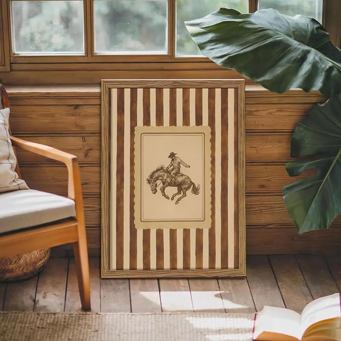 Framed Vintage Western Wall Art, Southwestern Cowboy Horse Canvas Wall Decor Painting, Mid Century Rustic Striped Cowboy Artwork Print Picture for Living Room Bedroom Bathroom 16x24 Inch