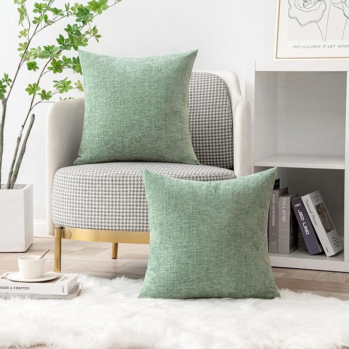 MIULEE Soft Chenille Throw Pillow Covers Greyish Green 16x16 Pack of 2 | Modern Home Decor, Classic Decorative Pillows, Solid Dyed Cases, Boho Couch Cushion Covers for Sofa Bed Living Room