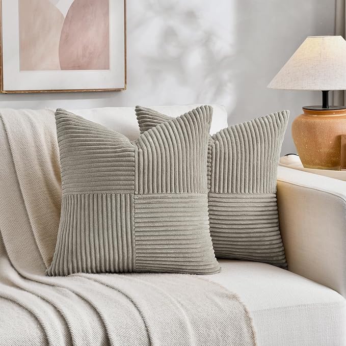 Fancy Homi Neutral Grey Samll Decorative Throw Pillow Covers 14x14 Inch with for Couch Bed Sofa, Rustic Farmhouse Boho Home Decor, Soft Corss Patchwork Corduroy Square Cushion Case 35x35 cm