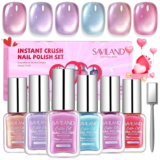 SAVILAND Valentine Nail Polish Set: Quick Dry 6 Colors Cat Eye Nail Polish Shimmer Romantic Pink Series Magnetic Cateye Fingernail Polish with Magnet Stick DIY Manicure Gift for Women Girls10ml