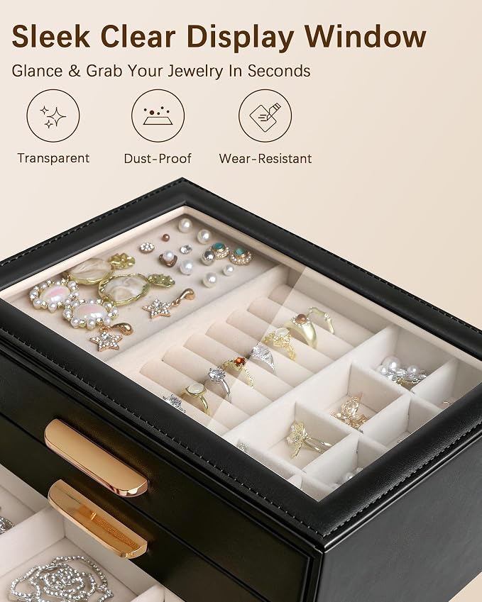Homeanda Jewelry Boxes Organizer with Glass Lid, 3-Layer PU Leather, Black | Modern style display case with 3 drawers for daily jewelry, women, mom or girl gift