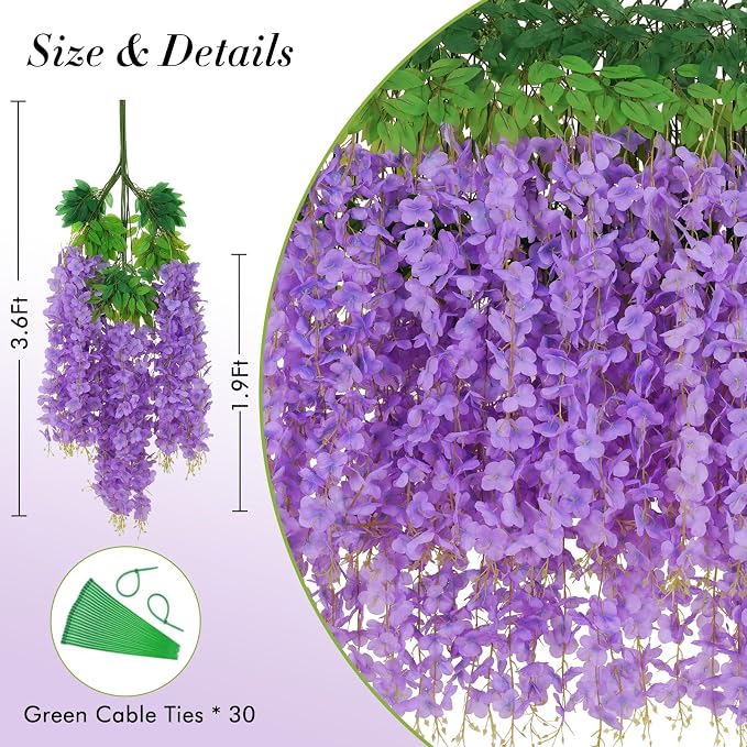 12 Pack Wisteria Hanging Flowers, 3.6 Feet/Pcs Purple Wisteria Artificial Flowers, Fake Wisteria Flowers Garland, Hanging Vines for Bedroom Wedding Home Party Wall Decoration