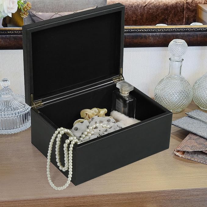 HofferRuffer Faux Leather Decorative Box, Large Wooden Structure Keepsake Box Accessory Organizer Jewelry Organizer with Hinged Lid, Storage Container for Home or Office (Black)