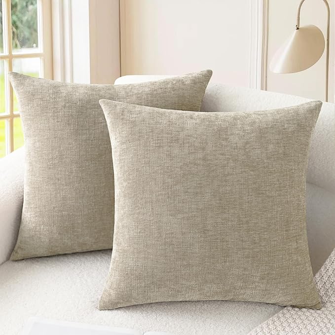 CaliTime Decorative Couch Throw Pillow Covers 18 X 18 Inches Light Taupe | Pack of 2, Cozy Chenille Cushion Cases for Sofa Bed Living Room Farmhouse Home