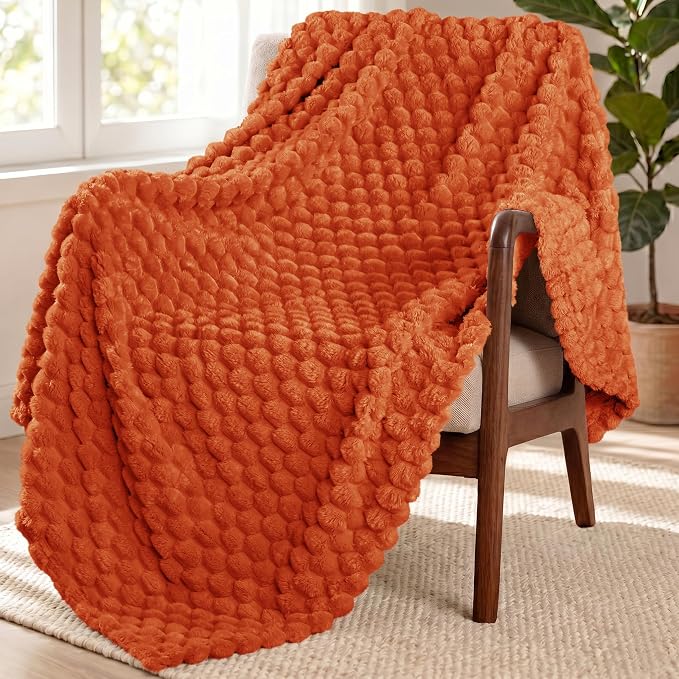 Exclusivo Mezcla Large 3D Fleece Throw Blanket for Couch, Burnt Orange | Extra Soft Fuzzy Plush Lightweight Throws, Cozy Fluffy Decorative Blankets for All Seasons, 50x70 Inches