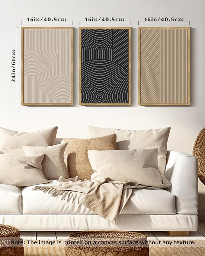 Drsoum Mid-Century Modern Framed Wall Art Large 16x24in Minimalist Abstract Boho Neutral Line Wall Decor Geometric Artwork Kitchen Dining Room Natural Framed