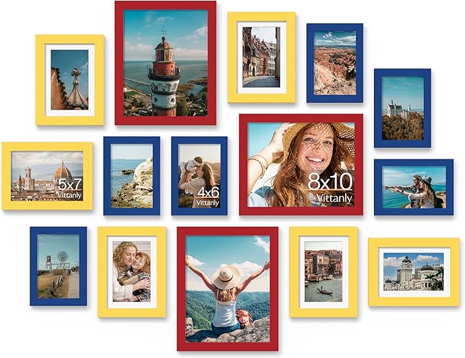 Vittanly 15 Pack Gallery Wall Frame Set, Red, Yellow, Blue | Picture Frames Collage Wall Decor: 3pcs 8x10, 6pcs 5x7, 6pcs 4x6. Picture Frame Set for Wall or Tabletop Display