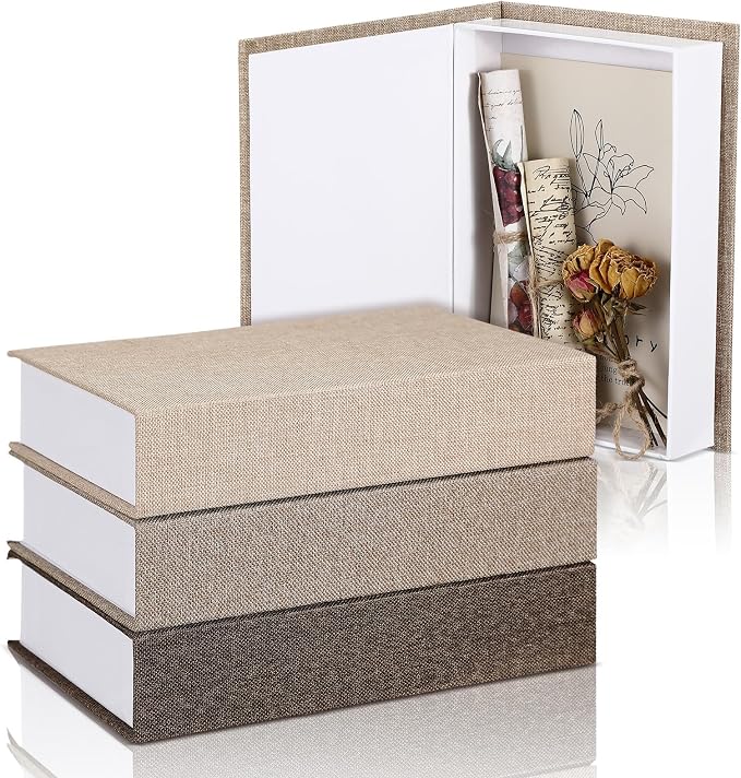 Tioncy 3 Pcs Decor Linen Faux Book Box Set Aesthetic DIY Fake Linen Book Box for Decor Storage Cafe Table Bookshelf Gift Home Keepsake(8.6 x 6.1 x 1.8 Inch,Khaki, Dark Coffee, Light Coffee)