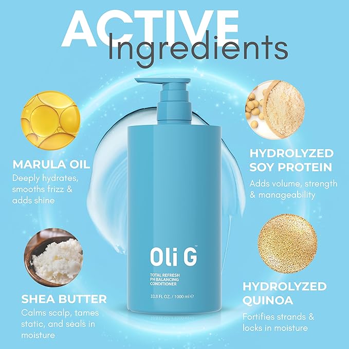 Oli G Total Refresh pH Balancing Hair Conditioner – Lightweight Daily Conditioner for All Hair Types – With Marula Oil, Shea Butter, Botanical Proteins – Detangles, Softens & Smooths – 38.8 fl oz
