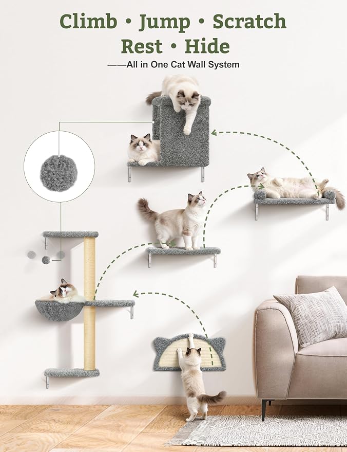 5-in-1 Cat Wall Shelves, Solid Wood Cat Wall Furniture Set for Indoor Cats | 44 lb per Shelf, 72-Hour Load Tested, Pre-Drilled, Fits 16 in. Stud Drywall & Solid Walls, for Small to Medium Cats
