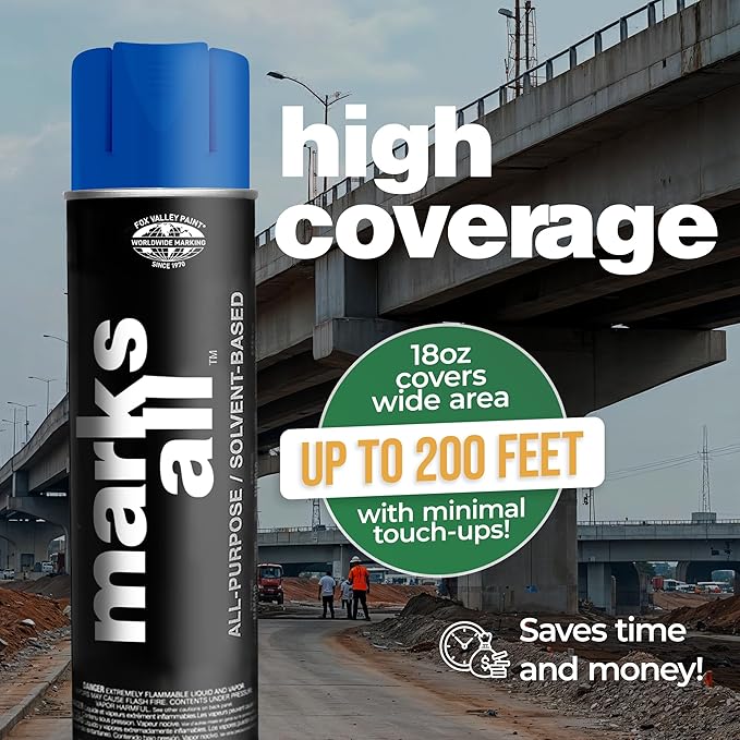 Fox Valley 18oz Marks All Solvent-Based Marking Paint Spray, 12-Pack Blue APWA – Long-Lasting, Weather-Resistant Spray Paint for Wet or Dry Surfaces Like Metal, Grass, Concrete, Wood, & More