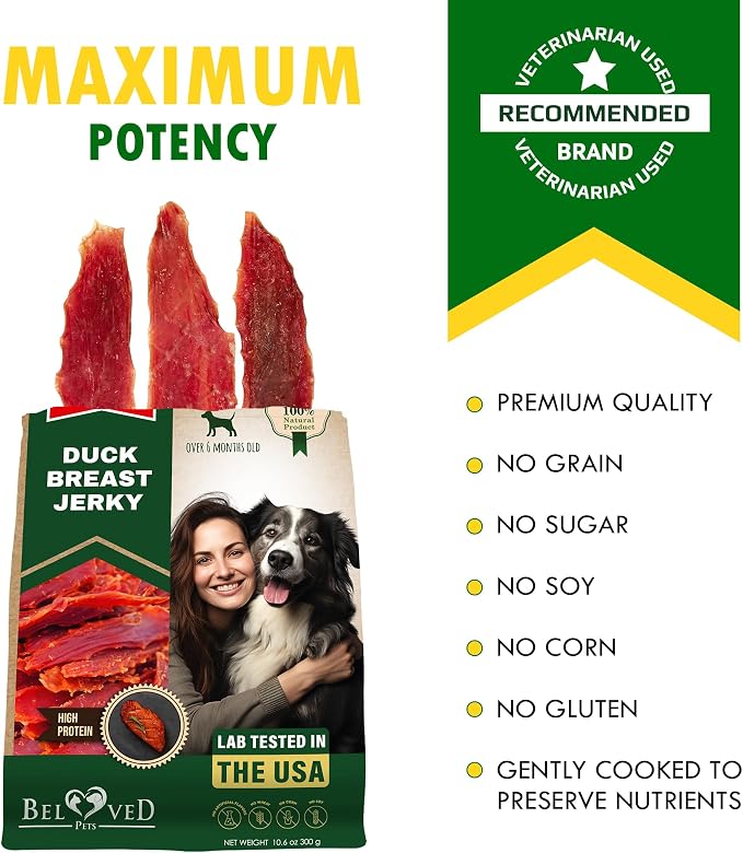 Beloved Pets Dog Treats Duck Jerky Breast - Human Grade Meat Sticks 10.6 oz - Natural Pet Dried Snacks Rawhide - Free - Long Lasting Chews for Large & Small Dogs