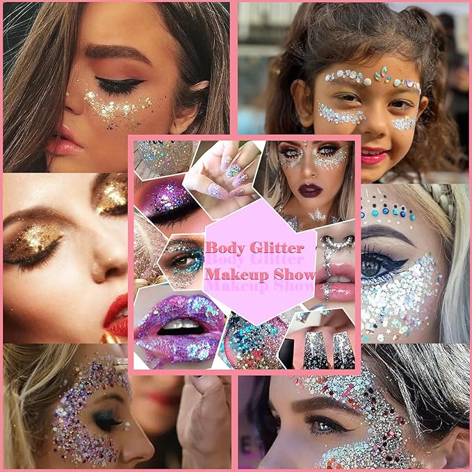 Body Glitter Face Glitter Gel: Singer Concerts Disco Festival Rave Accessories Face Glitter Makeup Chunky Sequins Mermaid Face Body Hair Glitter Gel (White&Pink&Rose&Lake Blue&Orange)
