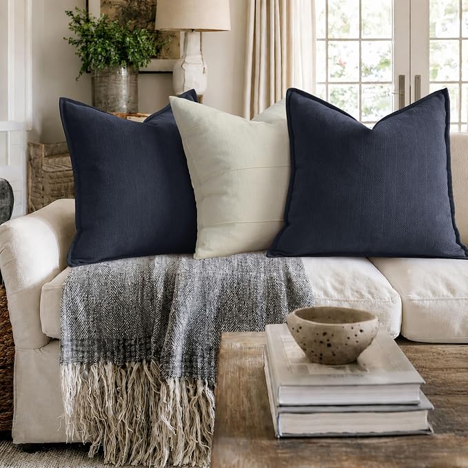 Navy Pillow Covers 22x22 Set of 2 Chenille Throw Pillow Covers with Elegant Design Soft and Luxurious Decorative Throw Pillows for Couch, Bed, and Home Decor