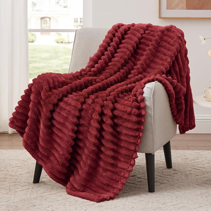 EXQ Home Fleece Throw Blanket for Couch or Bed - 3D Stripe Jacquard Decorative Blankets - Cozy Soft Lightweight Fuzzy Flannel Blanket Suitable for All Seasons(50"×60",Red)