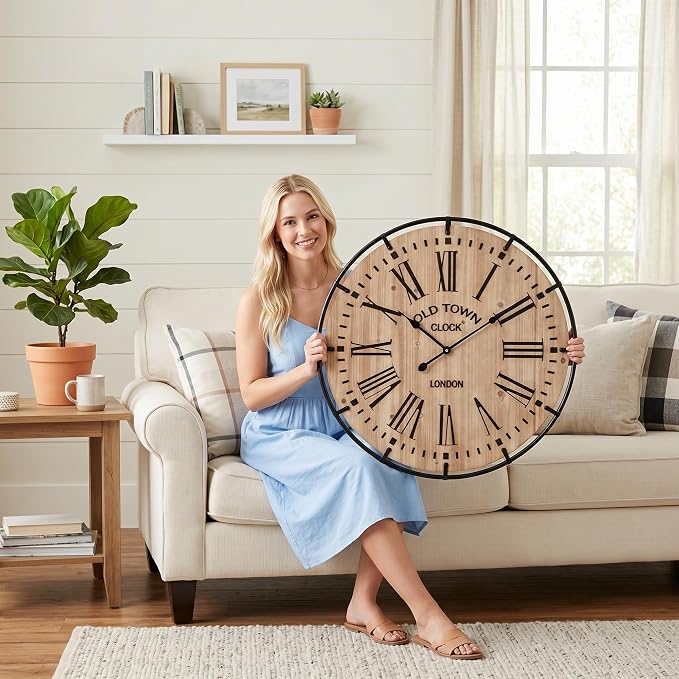 EMAX HOME 30 Inch Rustic Wall Clock, Warm Light Oak Wood Look with Black Iron Frame, Silent Sweep Movement, Clear Roman Numerals and Tick Marks, for Fireplace Mantel, Hallway, or Dining Room.