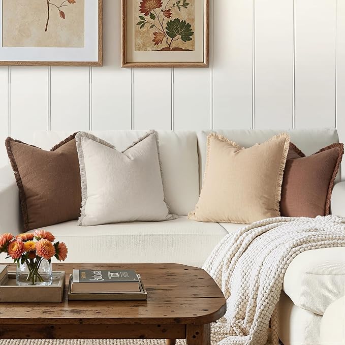 MIULEE Fall Linen Fringe Pillow Covers Set of 4 18x18 Beige/Brown | Boho Farmhouse Decorative Throw Pillow Covers, Neutral Soft Rustic Cushion Cases, for Couch Sofa Bed Living Room Home Decor