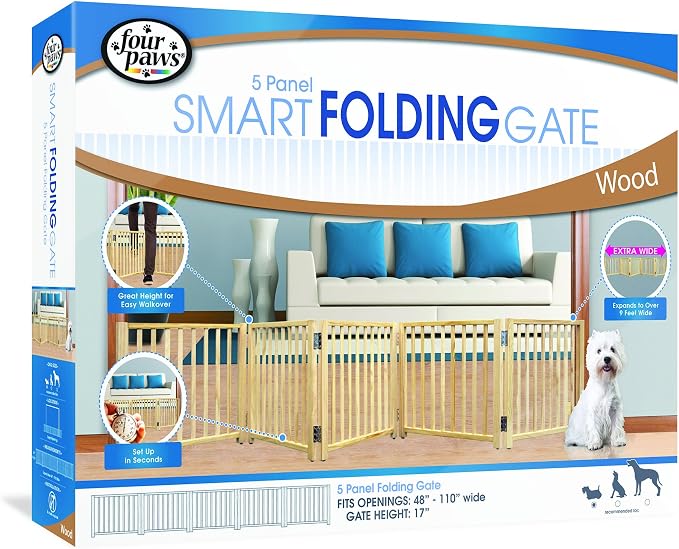 Four Paws Smart Folding Free Standing 5-Panel Wood Dog Gate, 48"-110" W by 17" H