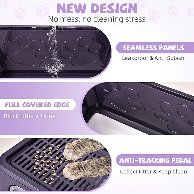 Covered Cat Litter Box, Extra Large Drawer Design with Dual Entry, Purple | 13L litter capacity, adjustable door, leakproof structure, cleaning accessories, complimentary cat litter mat