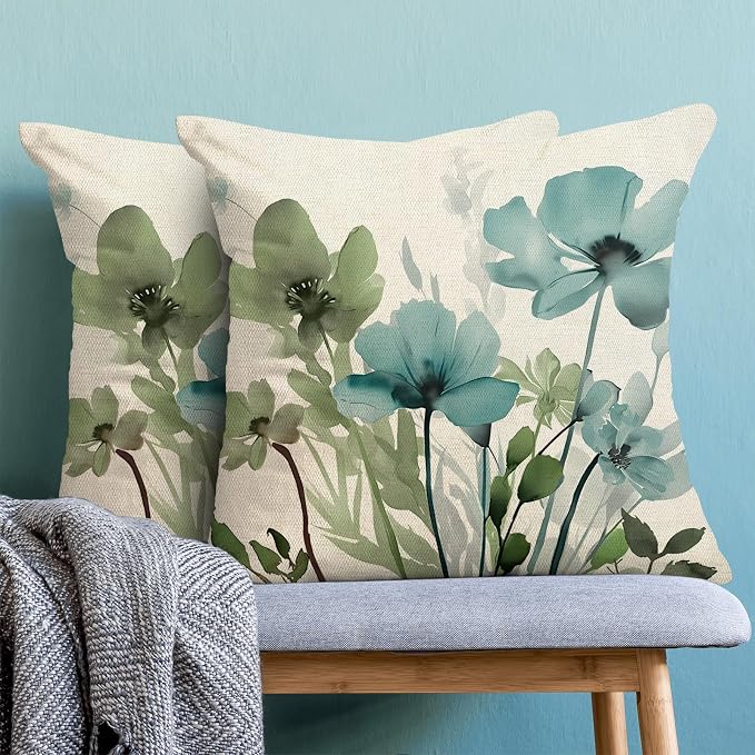 Spring Floral Pillow Covers 18x18 Inches Set of 2 Sage Green Teal Floral Throw Pillow Cover Outdoor Summer Flower Decoration Pillowcase Farmhouse Decorative Linen Cushion Cover for Couch Sofa