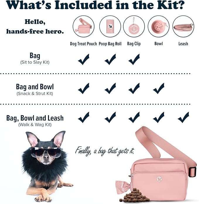 Puppington 3-in-1 Crossbody Dog Treat Pouch for Pet Training - Compostable Poop Bags, Built-In Poop Bag Dispenser, Slow-Feeding Travel Dog Bowl & Reflective Leash - Dog Walking Bag (Blush Pink)